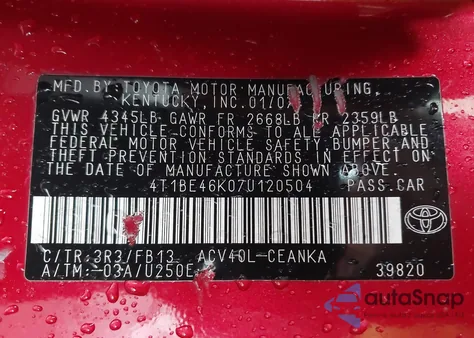 2007 Toyota Camry Ce/Le/Se/Xle из США, поврежденный, VIN 4T1BE46K07U120504